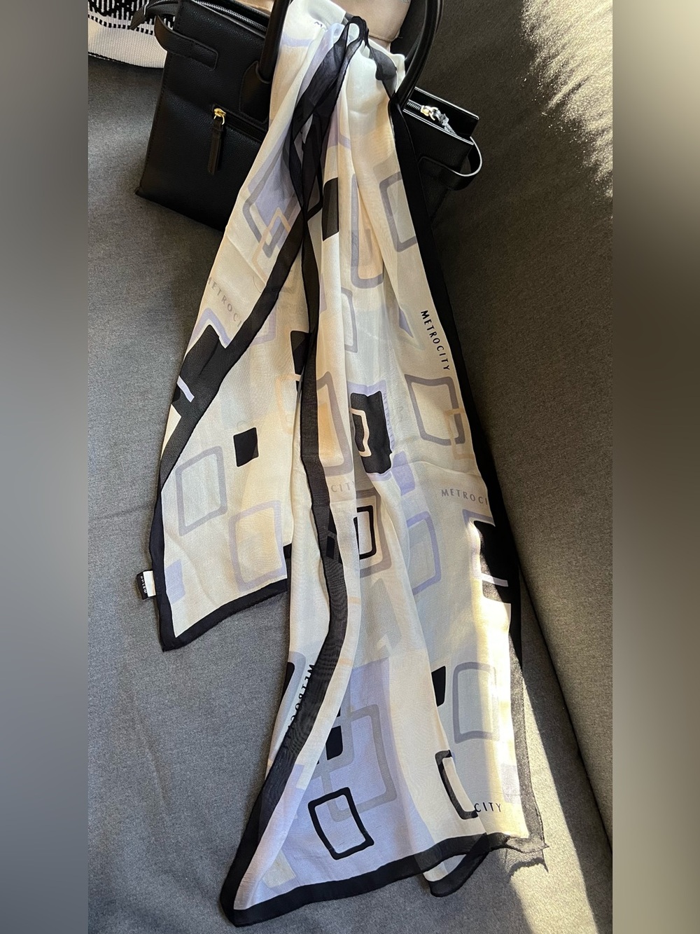 Metrocity Lightweight Geometric Silk Scarf Black Cream Purple Long Oblong Shawl